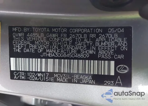 2004 Lexus Es 330 from USA, damaged, VIN JTHBA30G845048809